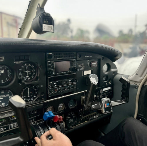Flight instrument panel like the one in the full-motion flight simulator at Van Nuys, Los Angeles