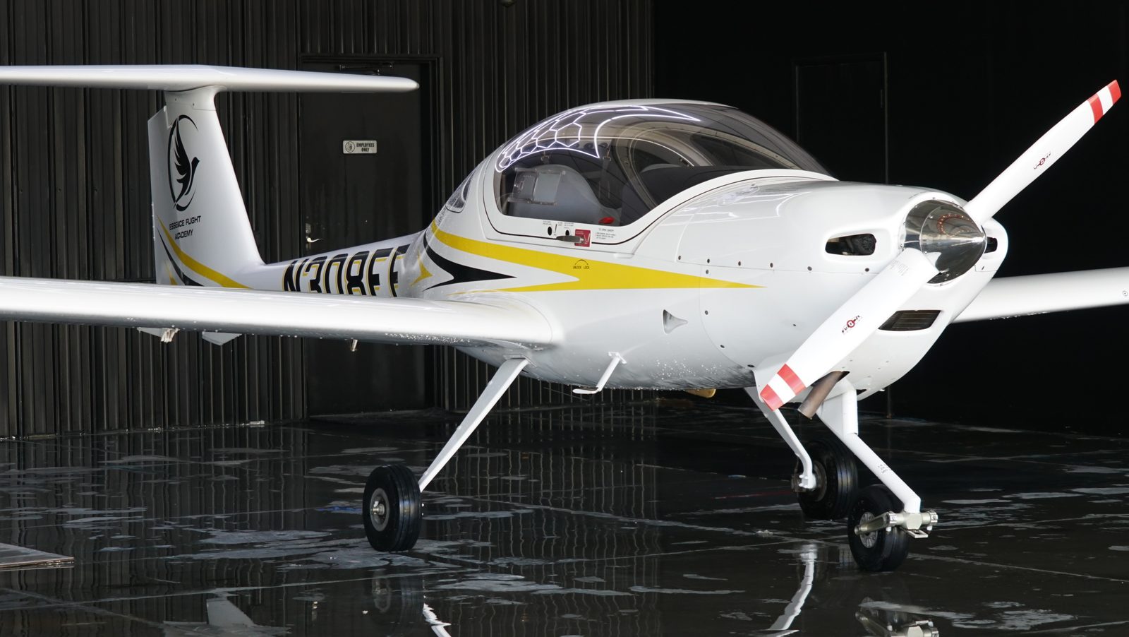 Front-quarter view of Diamond DA20-C1 N308EF, the spin-training airplane, in the hangar at Van Nuys